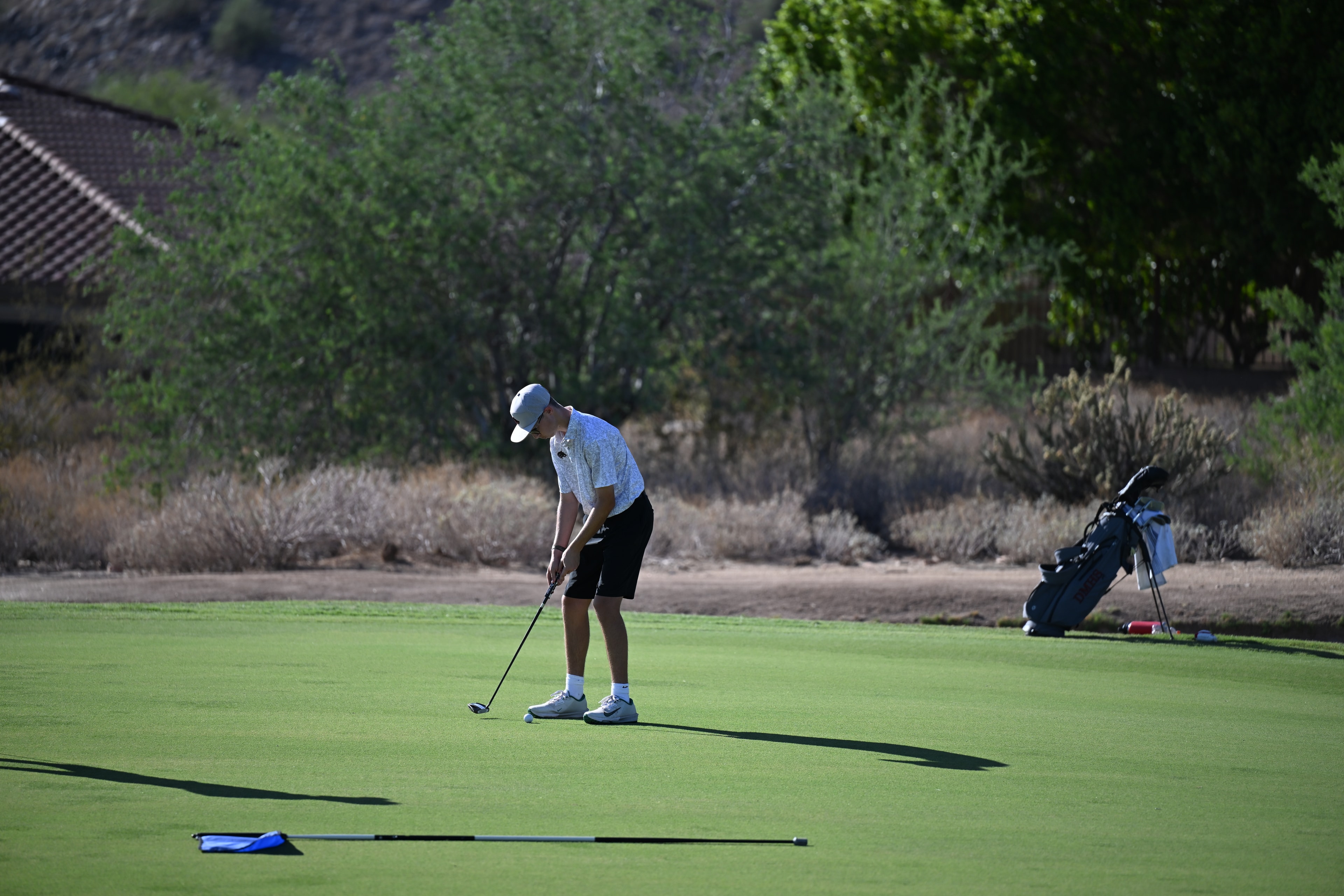 Golfer putting on a desert course